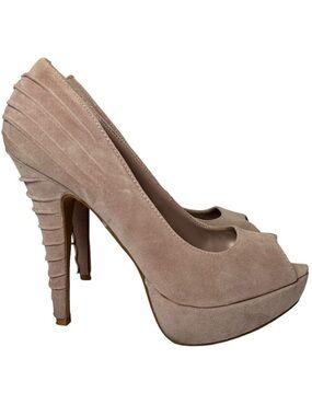 Charlotte Russe Taupe Platform Heels Faux Suede Open Toe Ruched Back Womens 7